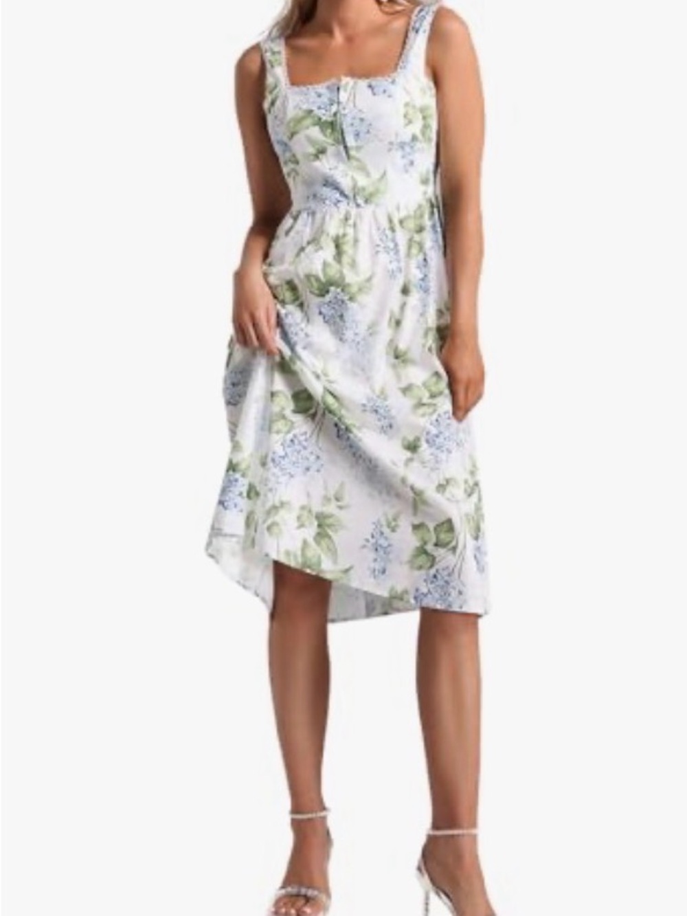 RIHOAS White Midi Dress with Blue and Green Floral Print